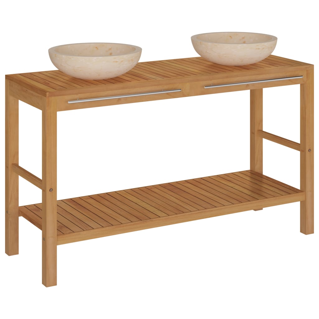 Armadietto da Bagno in Legno di Teak con Lavabi in Marmo Crema - homemem39