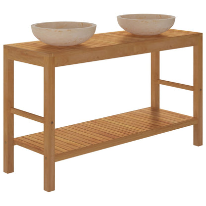 Armadietto da Bagno in Legno di Teak con Lavabi in Marmo Crema - homemem39