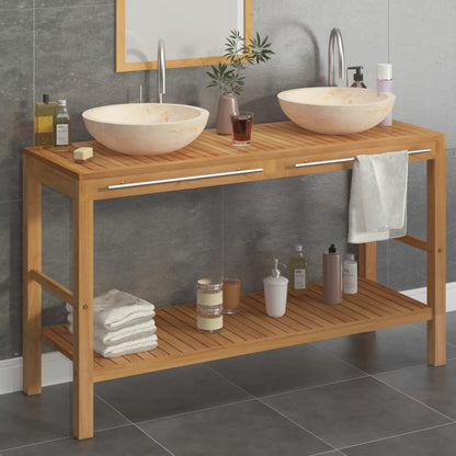 Armadietto da Bagno in Legno di Teak con Lavabi in Marmo Crema - homemem39