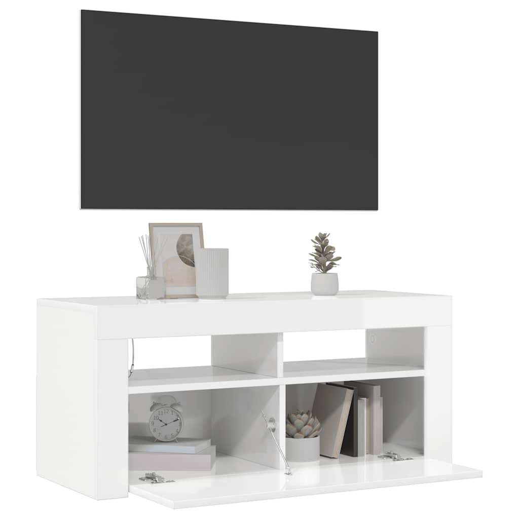 Mobile Porta TV con Luci LED Bianco Lucido 90x35x40 cm - homemem39