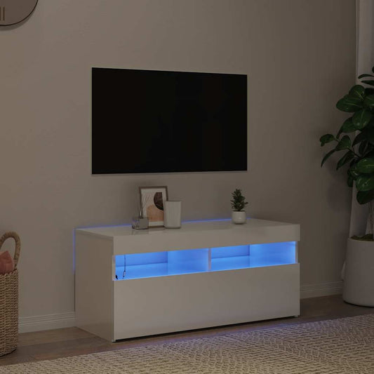 Mobile Porta TV con Luci LED Bianco Lucido 90x35x40 cm - homemem39