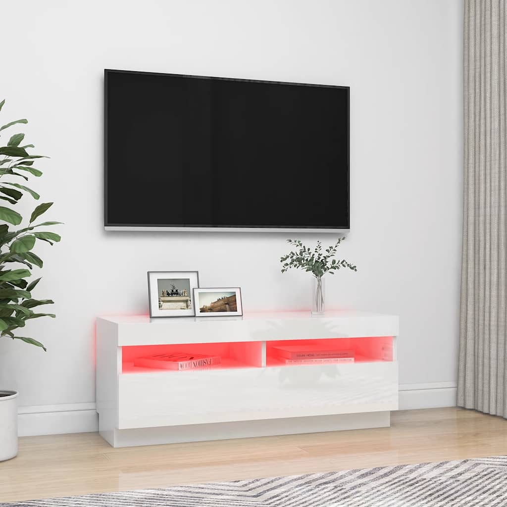 Mobile Porta TV con Luci LED Bianco Lucido 100x35x40 cm - homemem39