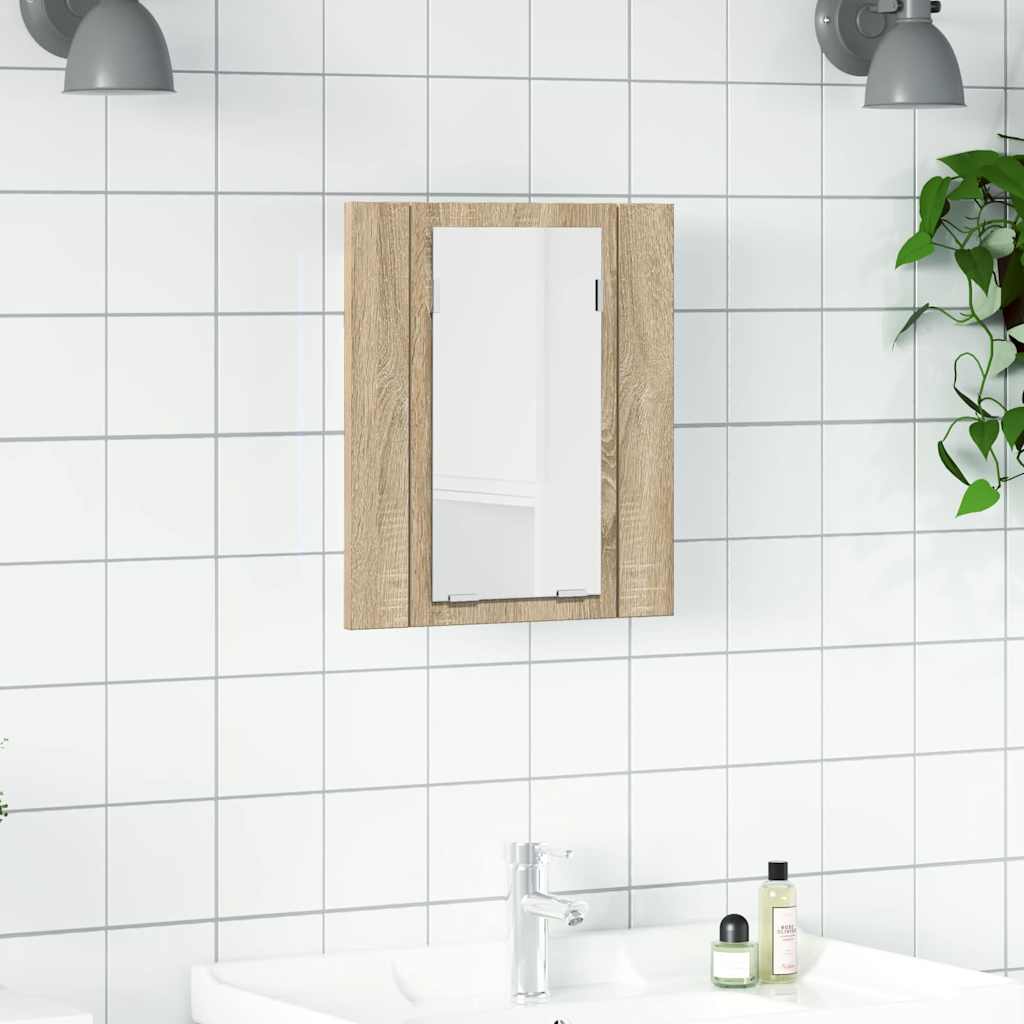 Armadietto a Specchio con Luci LED Rovere Sonoma in Acrilico