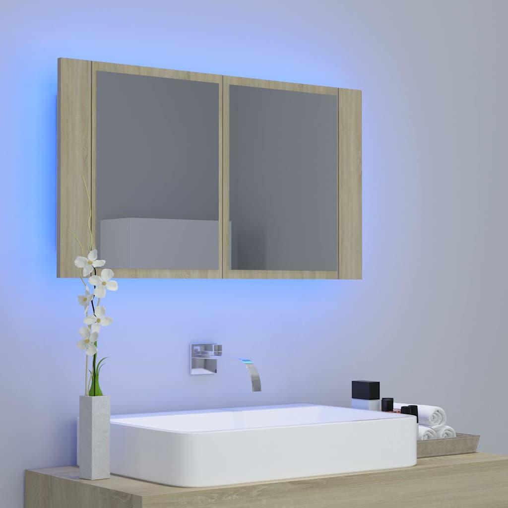 Armadietto a Specchio con Luci LED Rovere Sonoma in Acrilico
