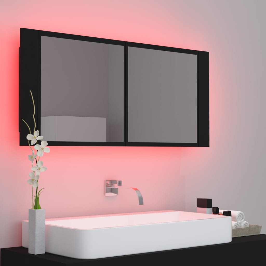 Armadietto a Specchio con Luci LED Nero 100x12x45cm in Acrilico