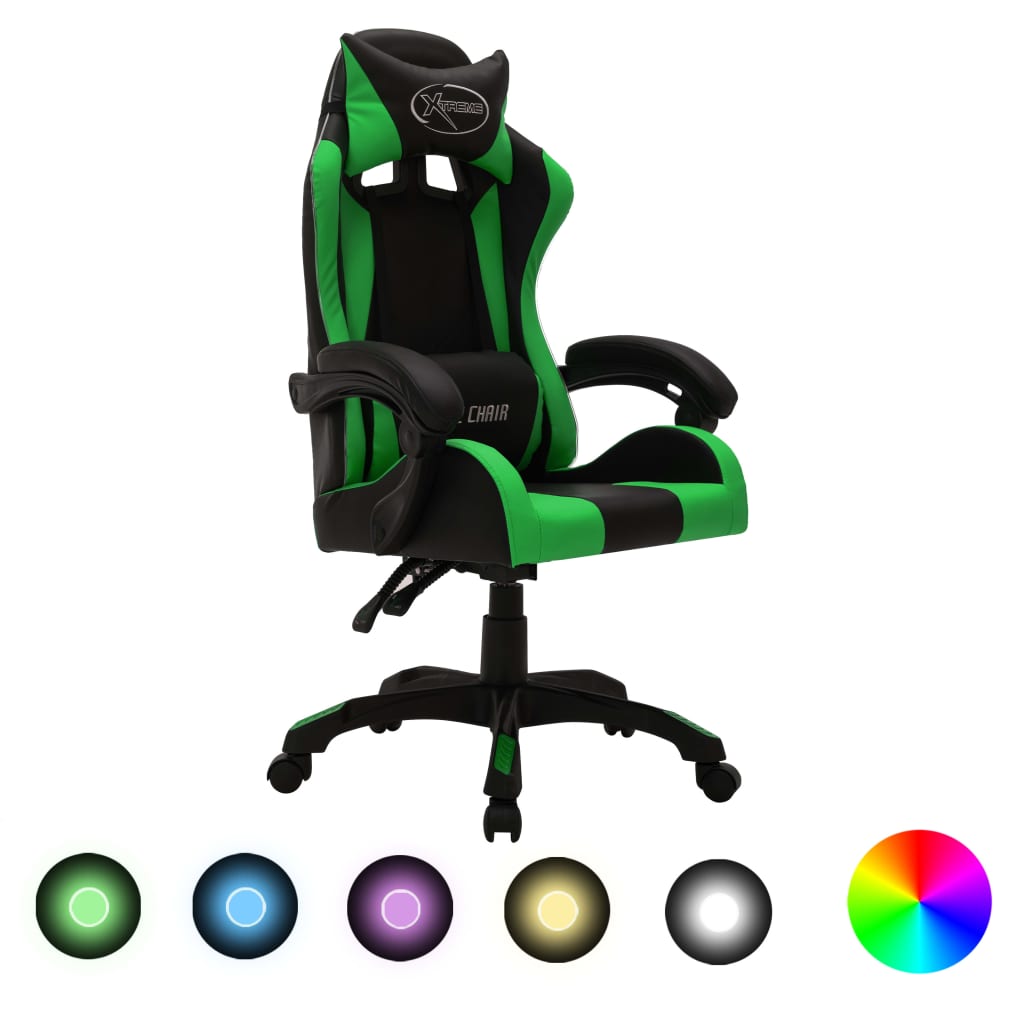 Sedia da Gaming con Luci a LED RGB Verde e Nera in Similpelle