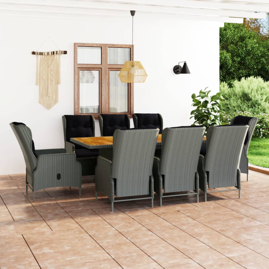 Set Pranzo da Giardino 9pz con Cuscini Polyrattan Grigio Chiaro | homemem39