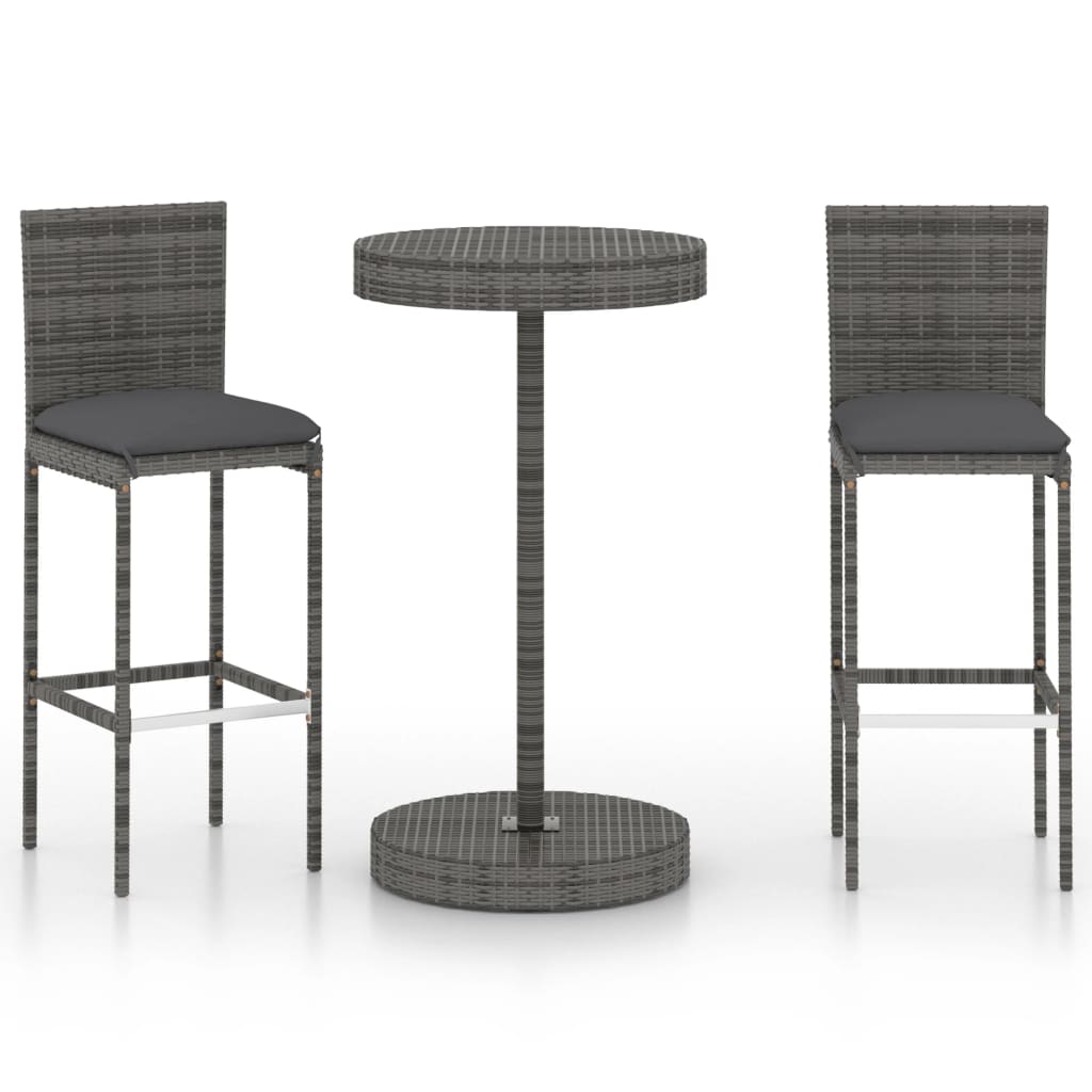 Set Bar da Giardino 3 pz con Cuscini in Polyrattan Grigio - homemem39