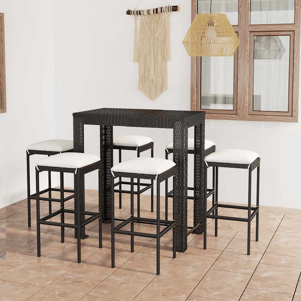 Set Bar da Giardino 7 pz con Cuscini in Polyrattan Nero | homemem39
