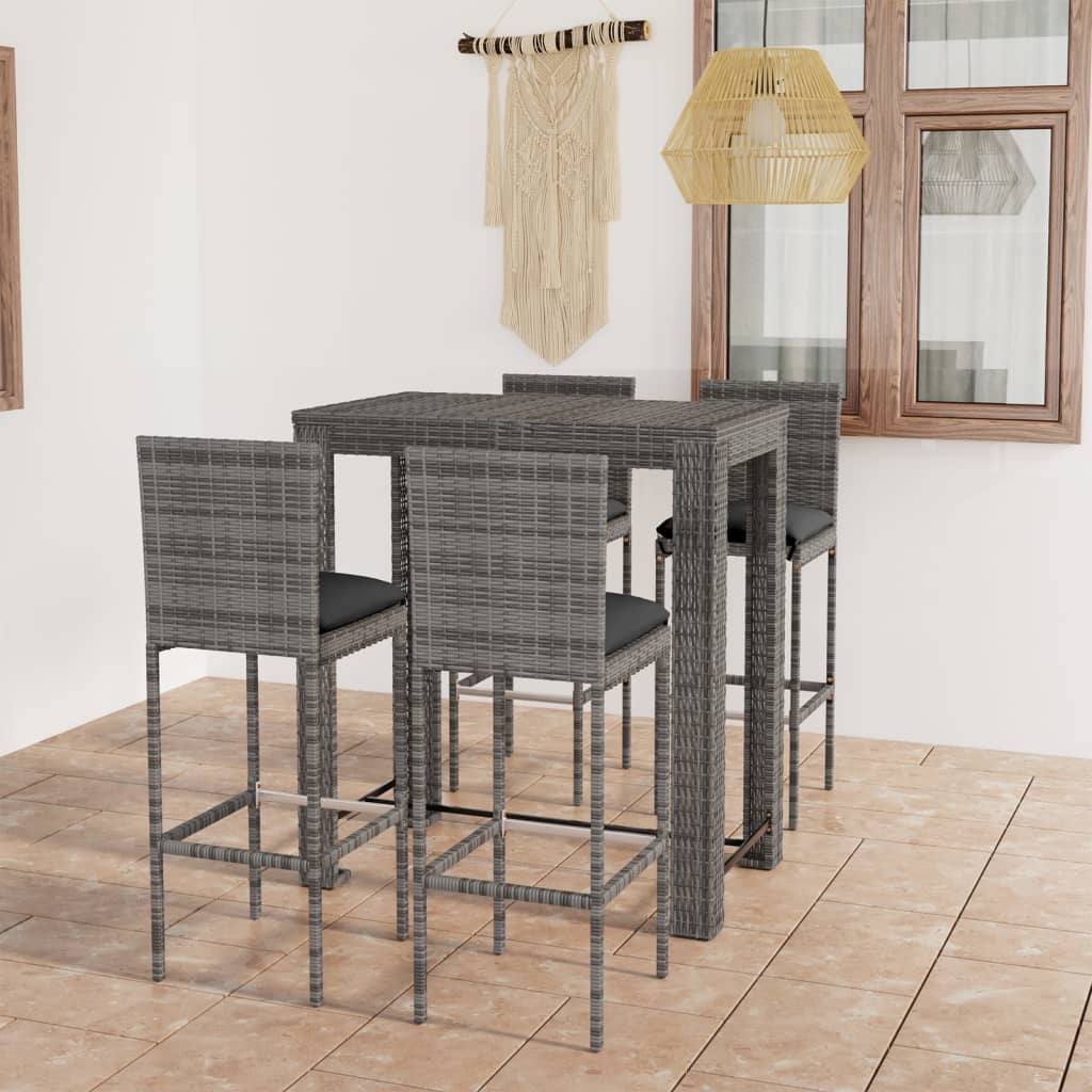 Set Bar da Giardino 5 pz con Cuscini in Polyrattan Grigio - homemem39