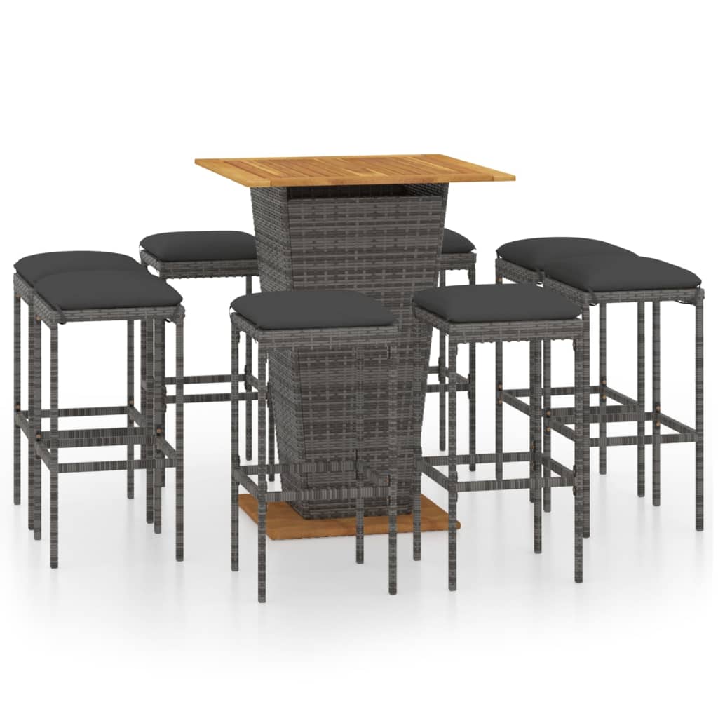 Set da Bar per Giardino 9 pz con Cuscini in Polyrattan Grigio - homemem39