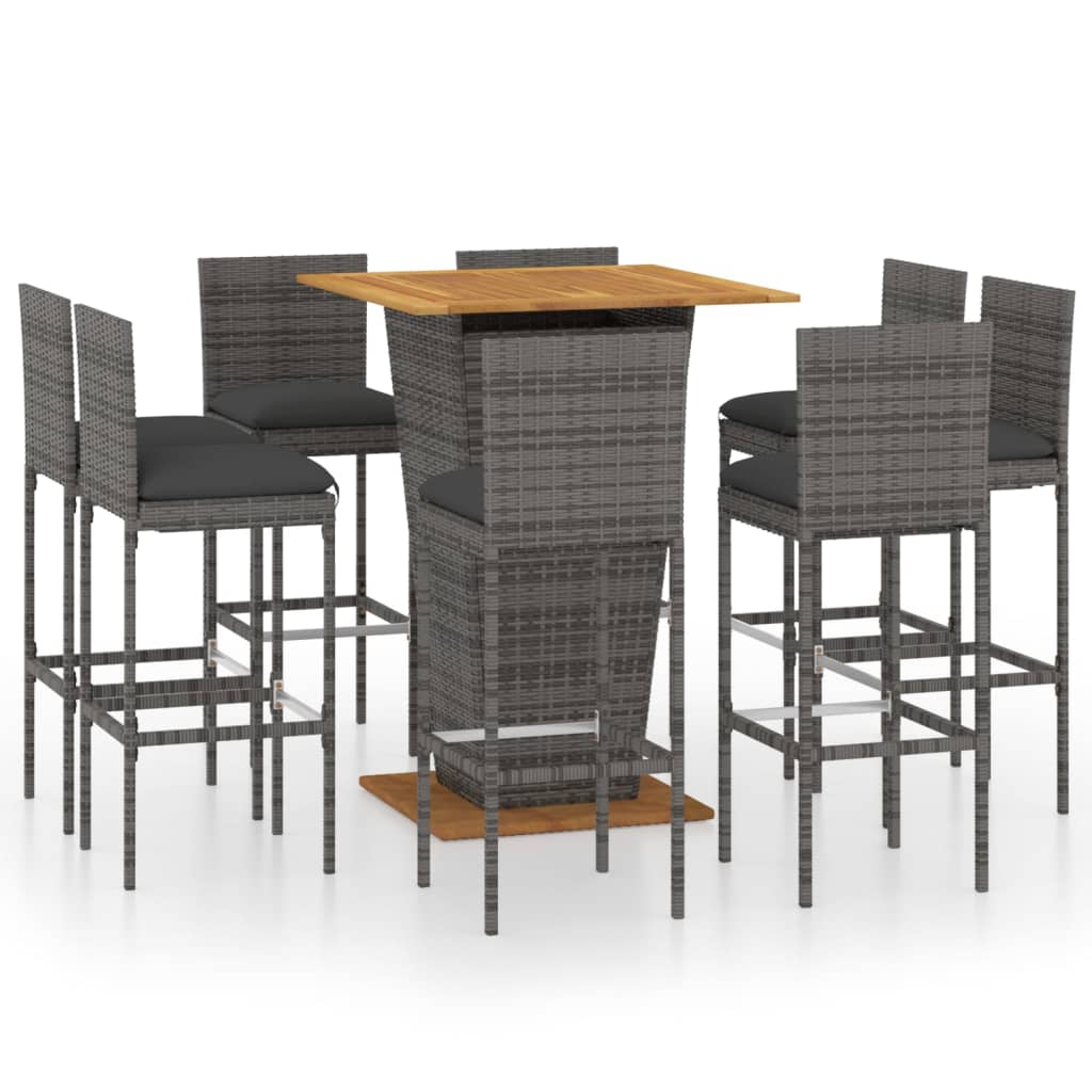 Set da Bar per Giardino 9 pz con Cuscini in Polyrattan Grigio | homemem39