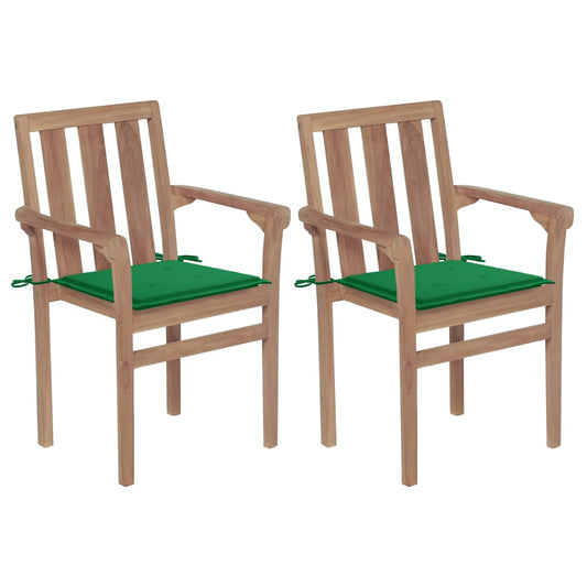 Garden Chairs 2 pcs with Green Cushions in Solid Teak