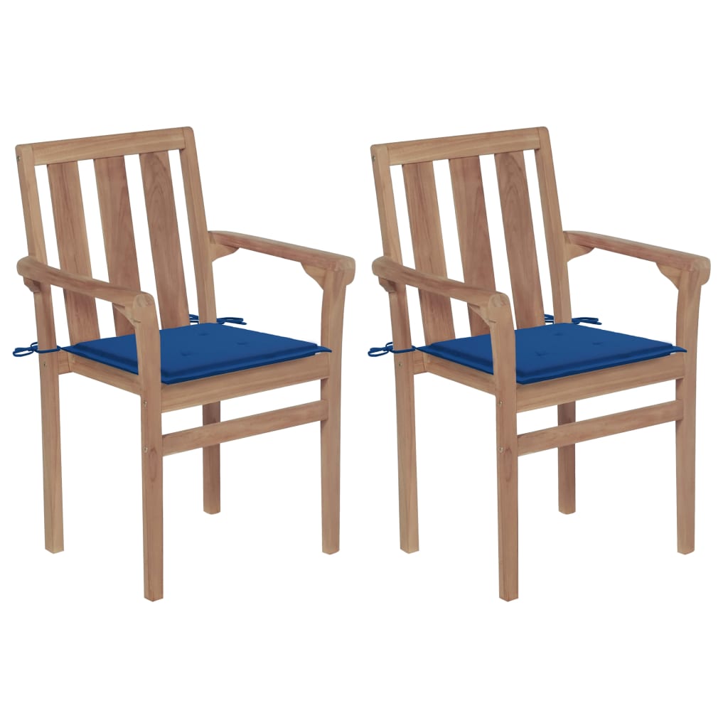 Garden Chairs 2 pcs with Royal Blue Solid Teak Cushions