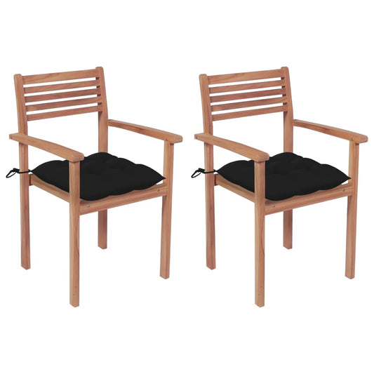 Garden Chairs 2 pcs with Black Solid Teak Cushions