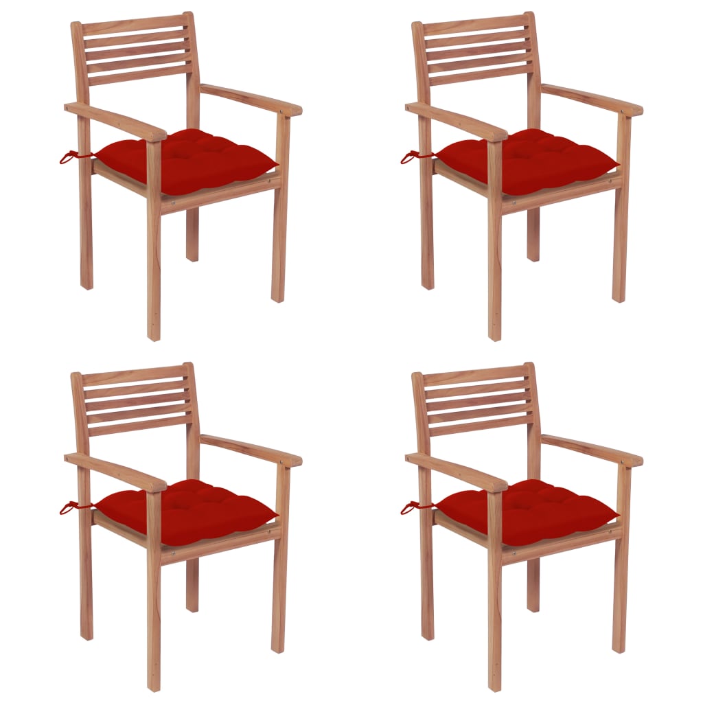 Garden Chairs 4 pcs with Red Cushions in Solid Teak
