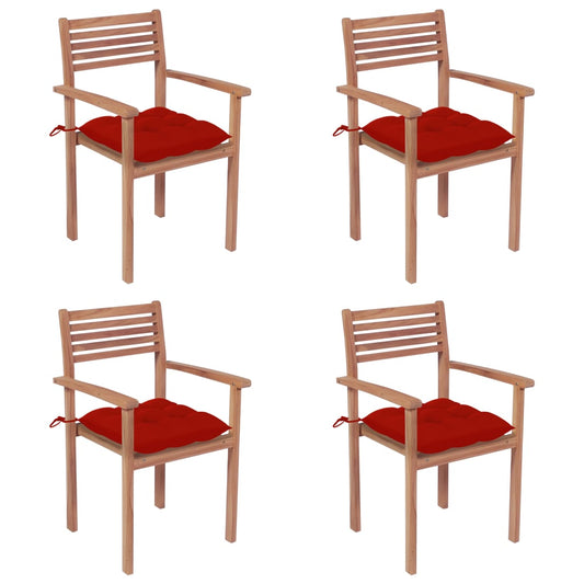 Garden Chairs 4 pcs with Red Cushions in Solid Teak
