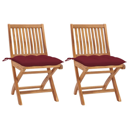 Sedie da Giardino 2 pz con Cuscini Rosso Vino Massello di Teak