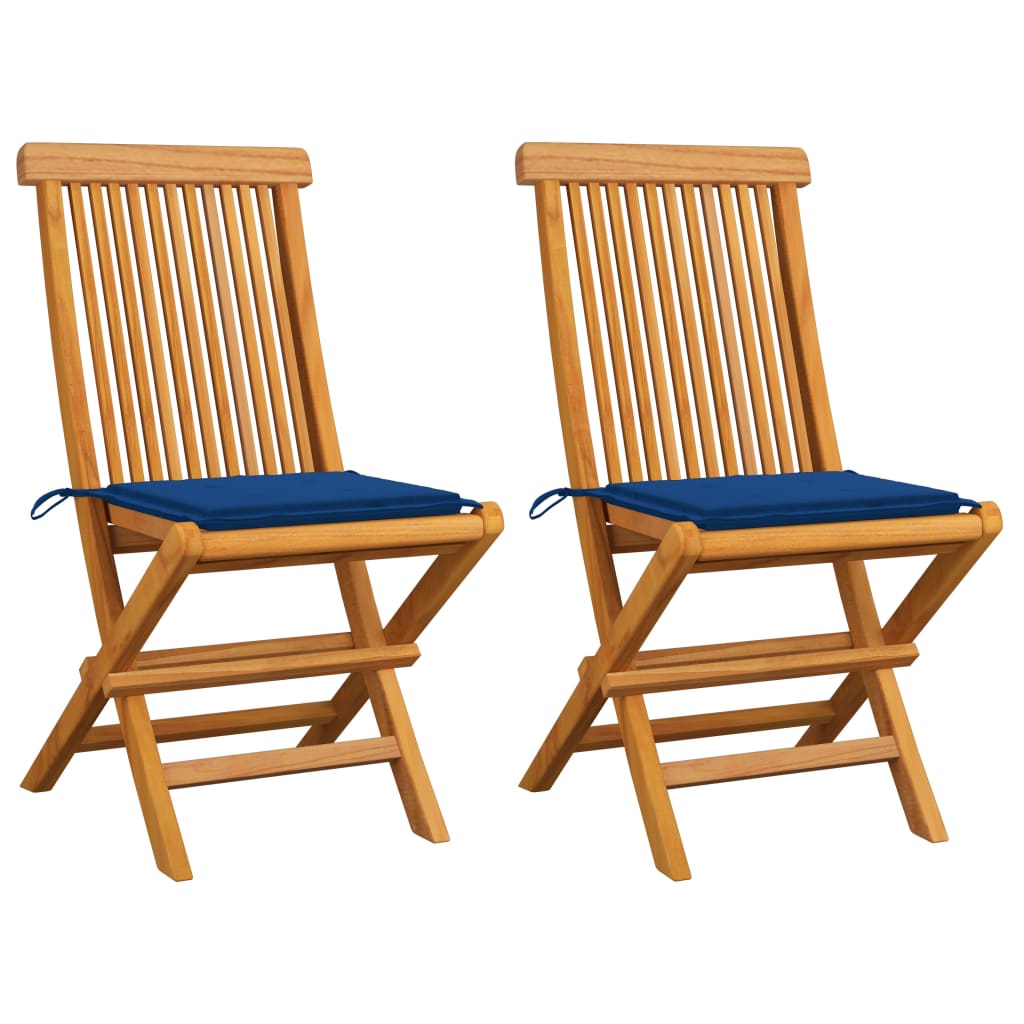 Sedie da Giardino con Cuscini Blu Reale 2 pz Massello di Teak