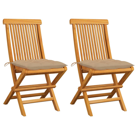 Sedie da Giardino con Cuscini Beige 2 pz in Massello di Teak