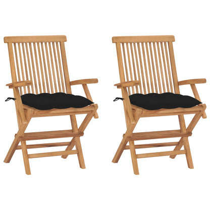 Garden Chairs 2 pcs with Black Cushions in Solid Teak Wood