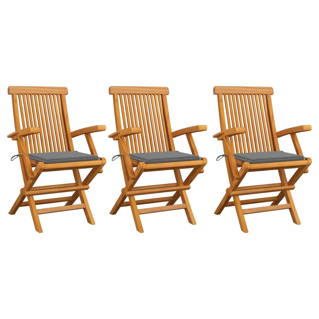 Garden Chairs with Gray Cushions 3pcs Solid Teak Wood