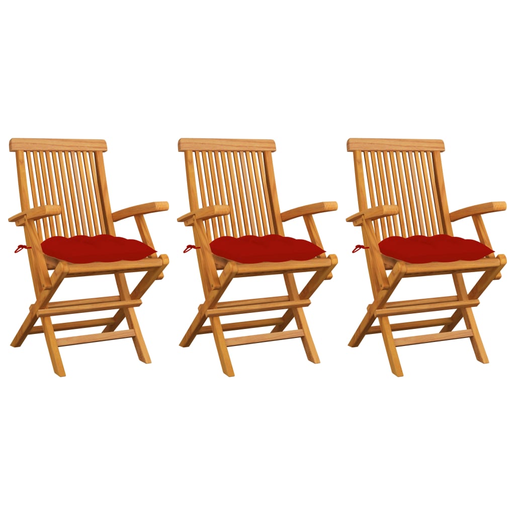 Garden Chairs with Red Cushions 3pcs Solid Teak Wood