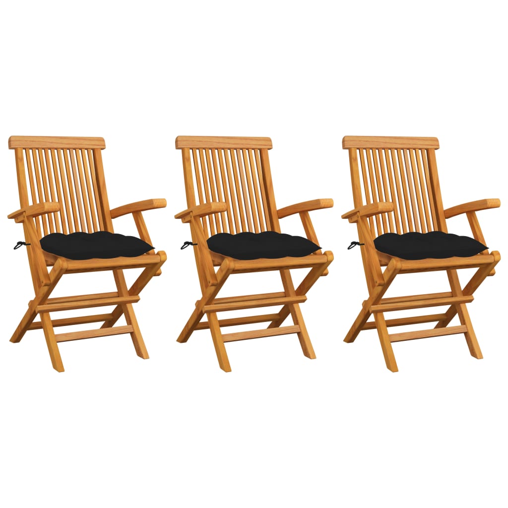 Garden Chairs with Black Cushions 3 pcs Solid Teak Wood