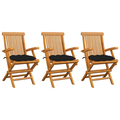 Garden Chairs with Black Cushions 3 pcs Solid Teak Wood