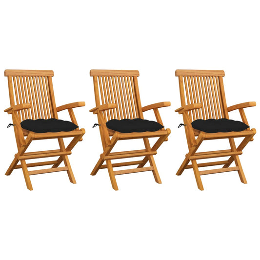 Garden Chairs with Black Cushions 3 pcs Solid Teak Wood