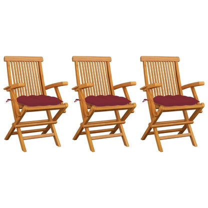 Sedie Giardino con Cuscini Rosso Vino 3 pz Legno Massello Teak