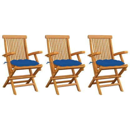 Garden Chairs with Blue Cushions 3 pcs Solid Teak Wood