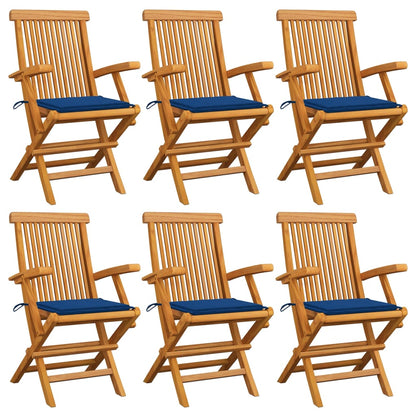 Sedie da Giardino con Cuscini Blu Reale 6pz Legno Massello Teak