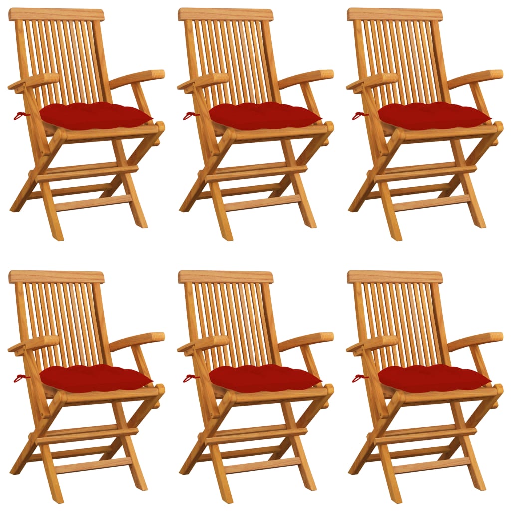 Garden Chairs with Red Cushions 6 pcs in Solid Teak