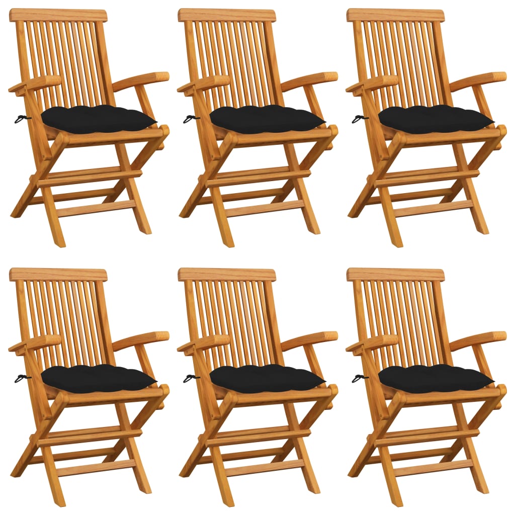 Garden Chairs with Black Cushions 6 pcs Solid Teak Wood