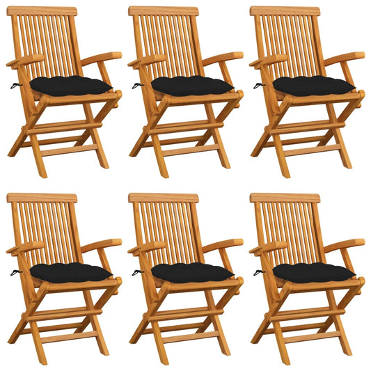 Garden Chairs with Black Cushions 6 pcs Solid Teak Wood