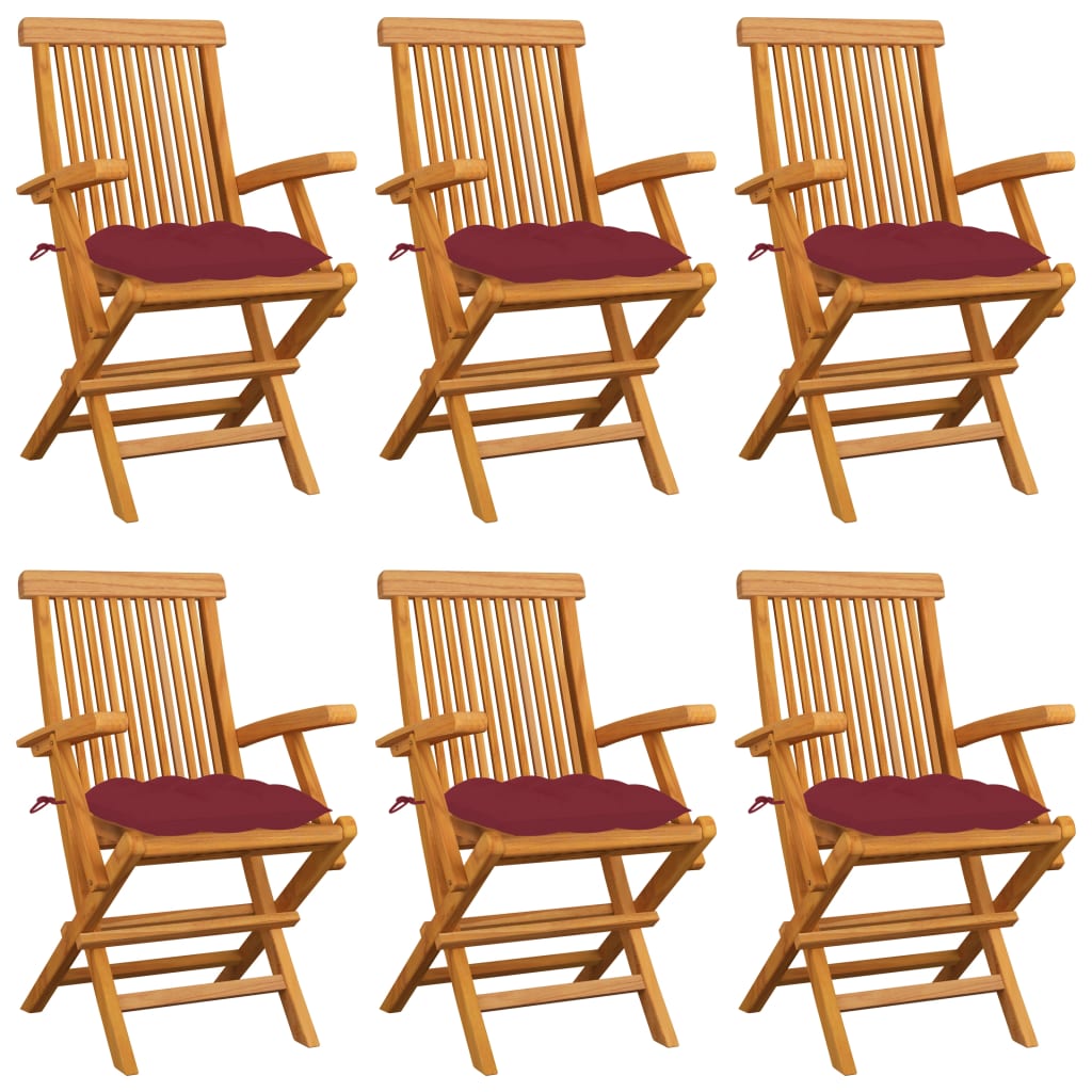 Sedie Giardino con Cuscini Rosso Vino 6 pz Legno Massello Teak