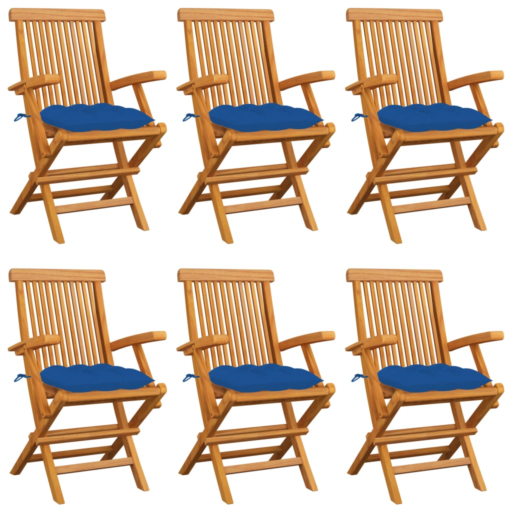 Garden Chairs with Blue Cushions 6 pcs Solid Teak Wood