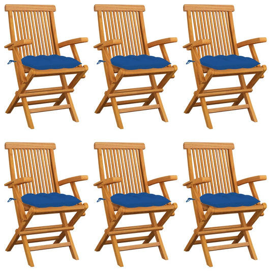 Garden Chairs with Blue Cushions 6 pcs Solid Teak Wood