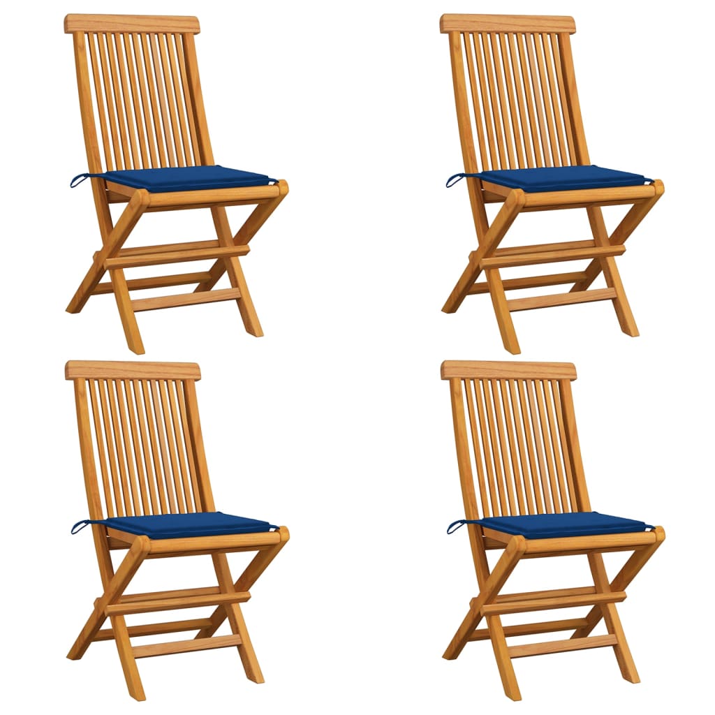 Sedie da Giardino con Cuscini Blu Reale 4 pz Massello di Teak