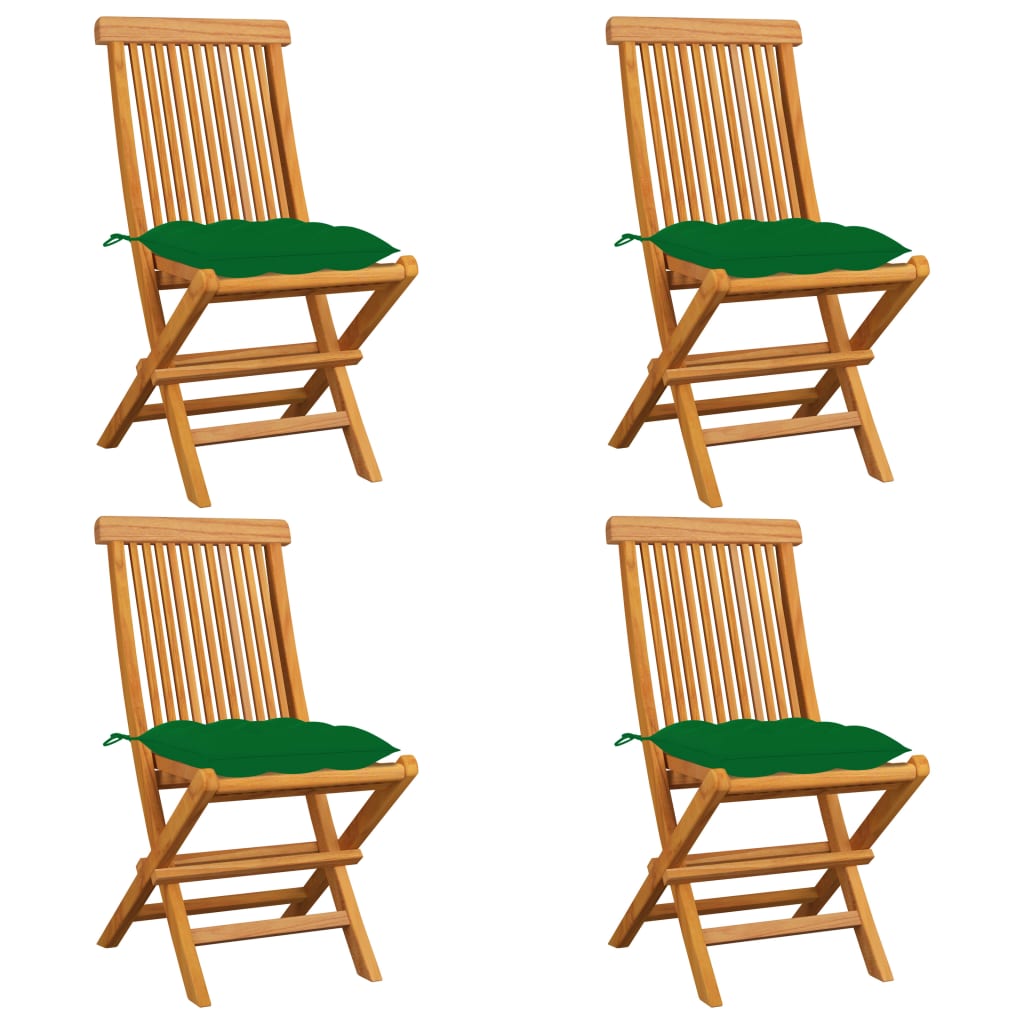 Sedie da Giardino con Cuscini Verdi 4 pz in Massello di Teak