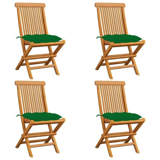 Sedie da Giardino con Cuscini Verdi 4 pz in Massello di Teak