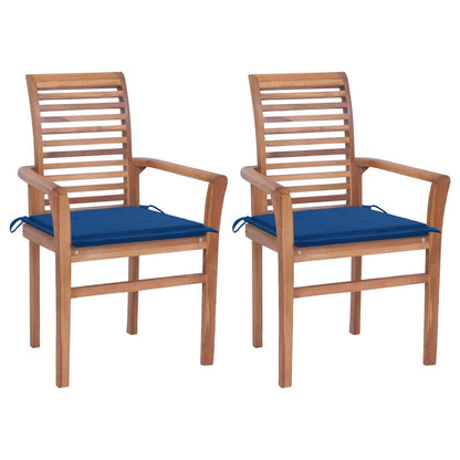2 pc Dining Chairs with Royal Blue Cushions in Solid Teak