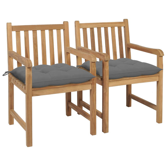 Garden Chairs 2 pcs with Gray Cushions in Solid Teak