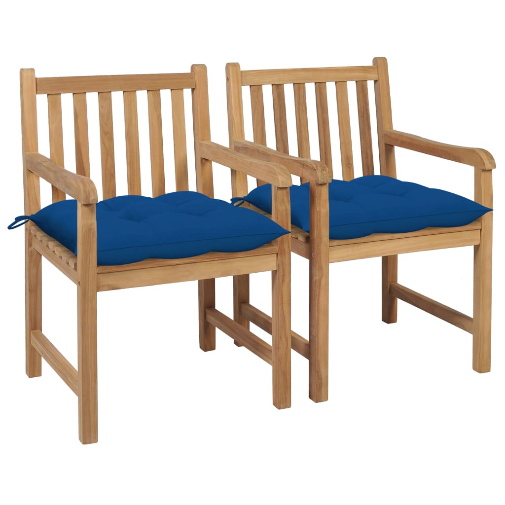 Sedie da Giardino 2 pz con Cuscini Blu in Massello di Teak