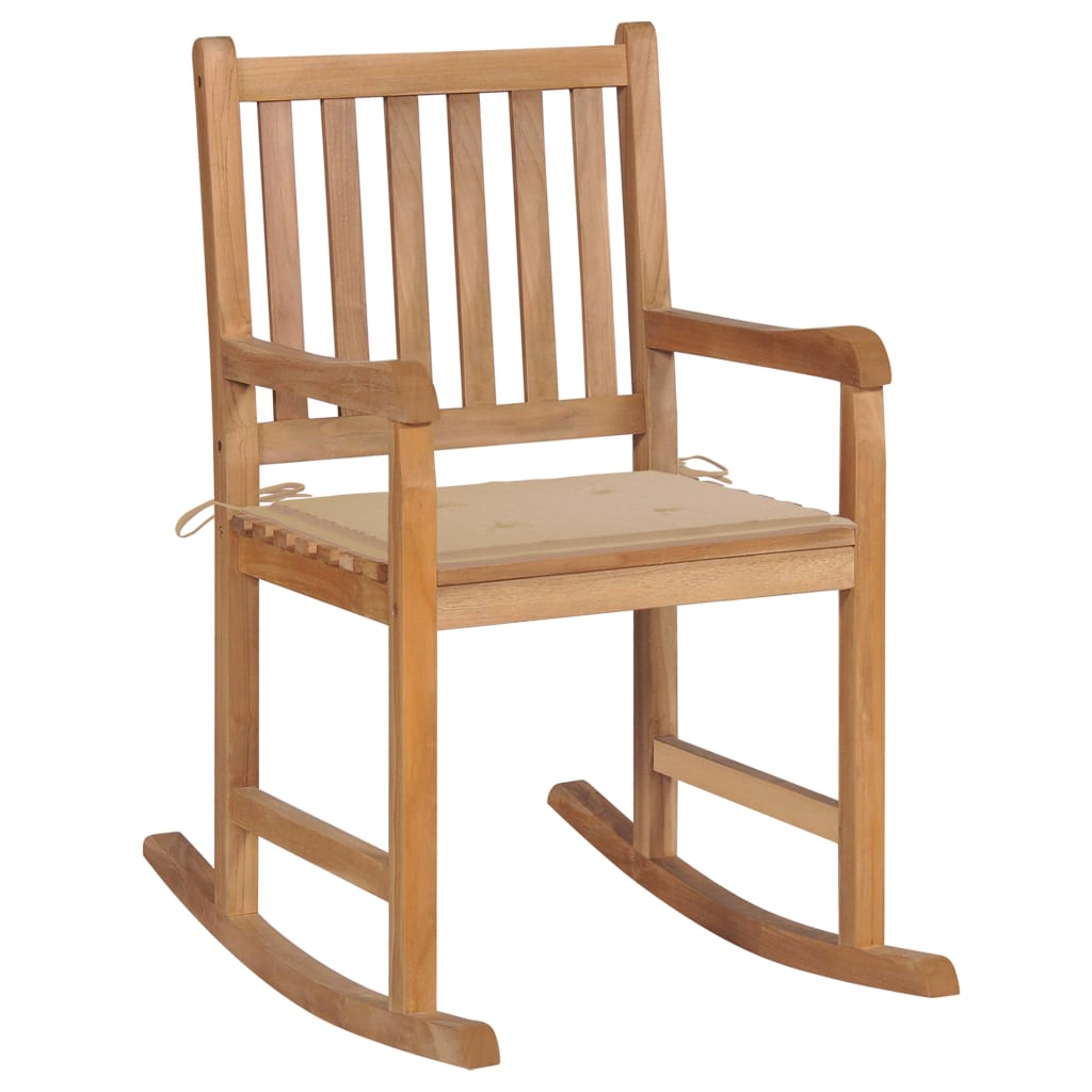 Rocking Chair with Beige Cushion in Solid Teak
