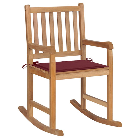 Rocking Chair with Wine Red Cushion in Solid Teak