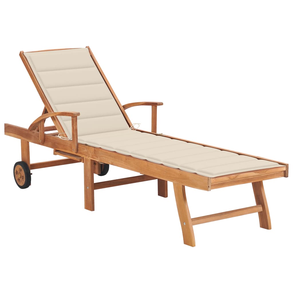 Deckchair 2 pcs with Table and Cushion in Cream Solid Teak Wood