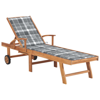 Sun lounger with gray checkered cushion in teak wood