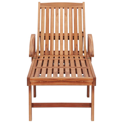 Sun lounger with gray checkered cushion in teak wood